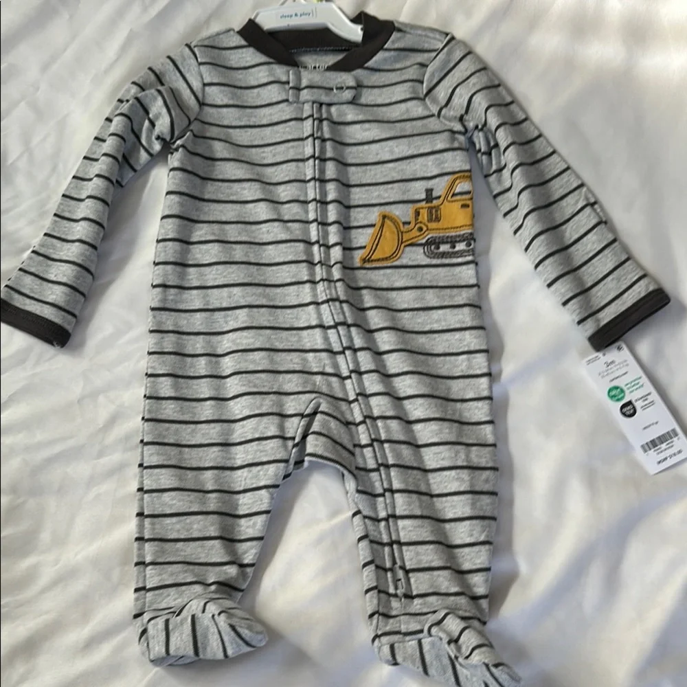 Baby Carter’s Gray Striped One Piece with Yellow Excavator